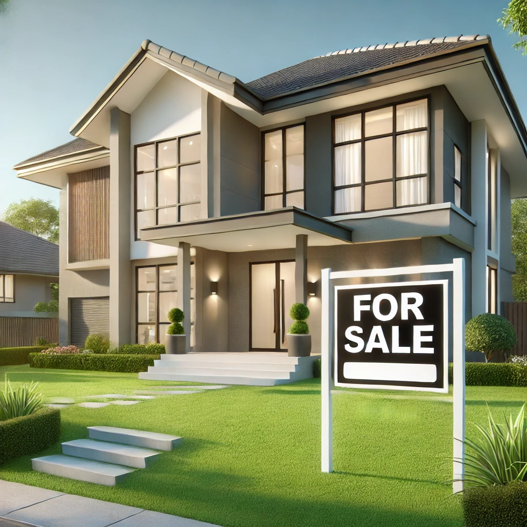 A modern suburban home with a "For Sale" sign in the front yard, clear blue skies, and a well-manicured lawn to evoke a sense of opportunity and urgency.